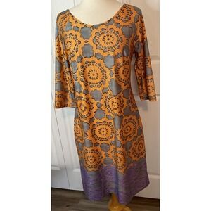 Aryeh Anthropologie Orange Geometric Gray Dress Knee Length 3/4 Sleeve‎ Medium